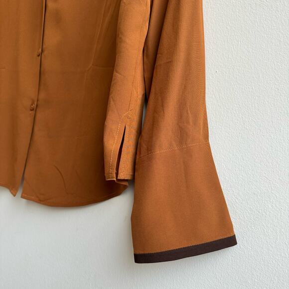 NWT LilySilk Dark Carame Contrast Piping Silk Willow Shirt Blouse - Medium - Picture 7 of 9